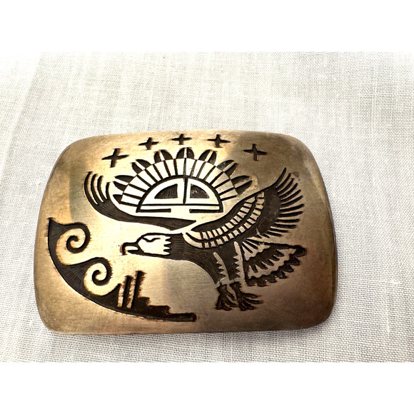 Native American HOPI Belt Buckle Sterling Silver Signed Eagle and Sun 40 gr - Picture 1 of 6